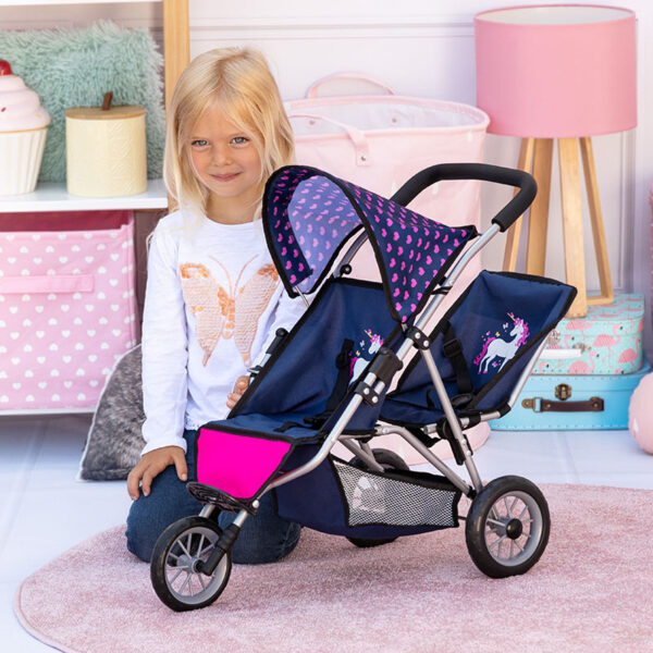 Bayer Design Zwillingspuppenwagen, Blau – Höhenverstellbar, Zusammenklappbar Für Puppen Bis 46 Cm